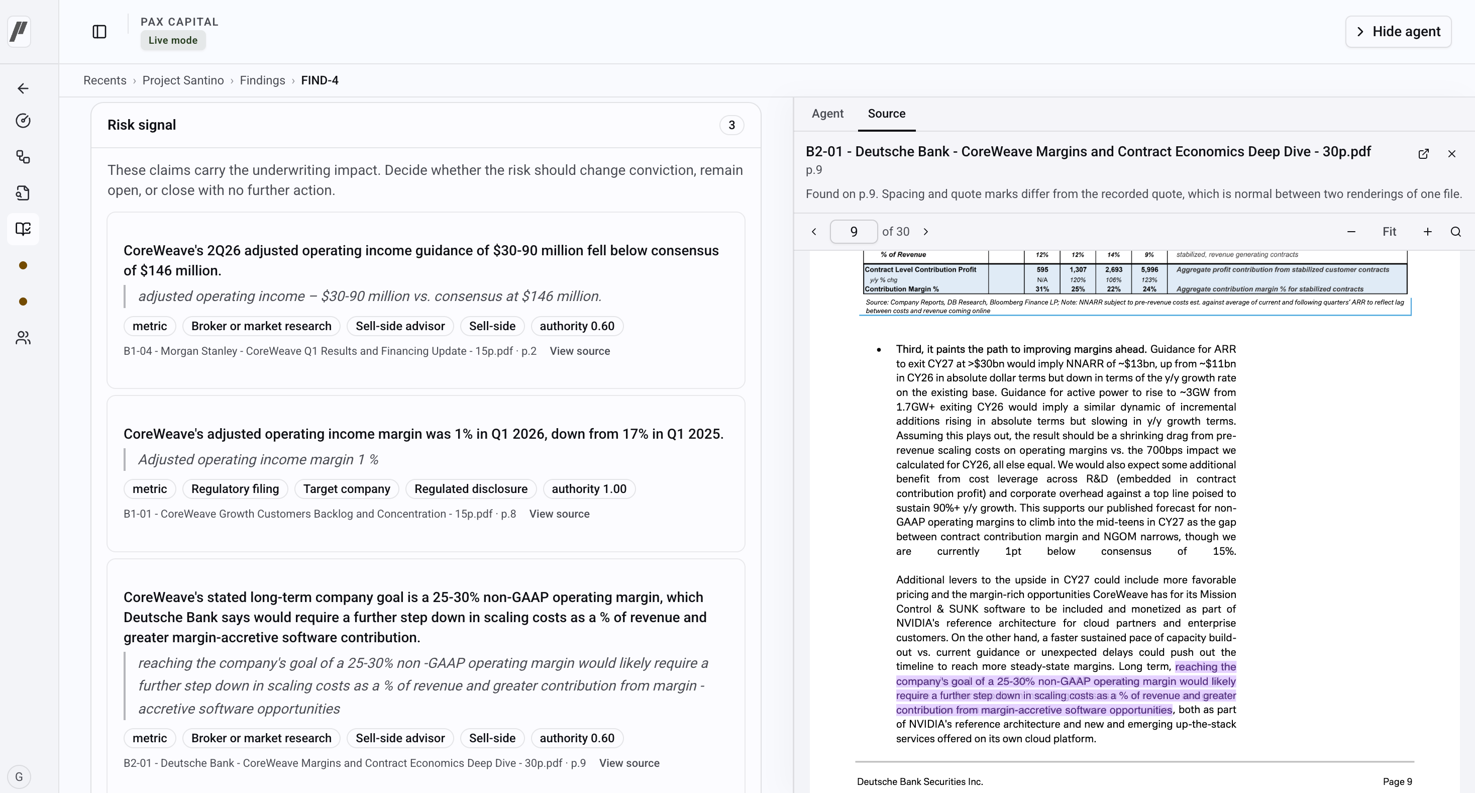 A Parallax risk finding linked to the highlighted source passage in a Deutsche Bank report