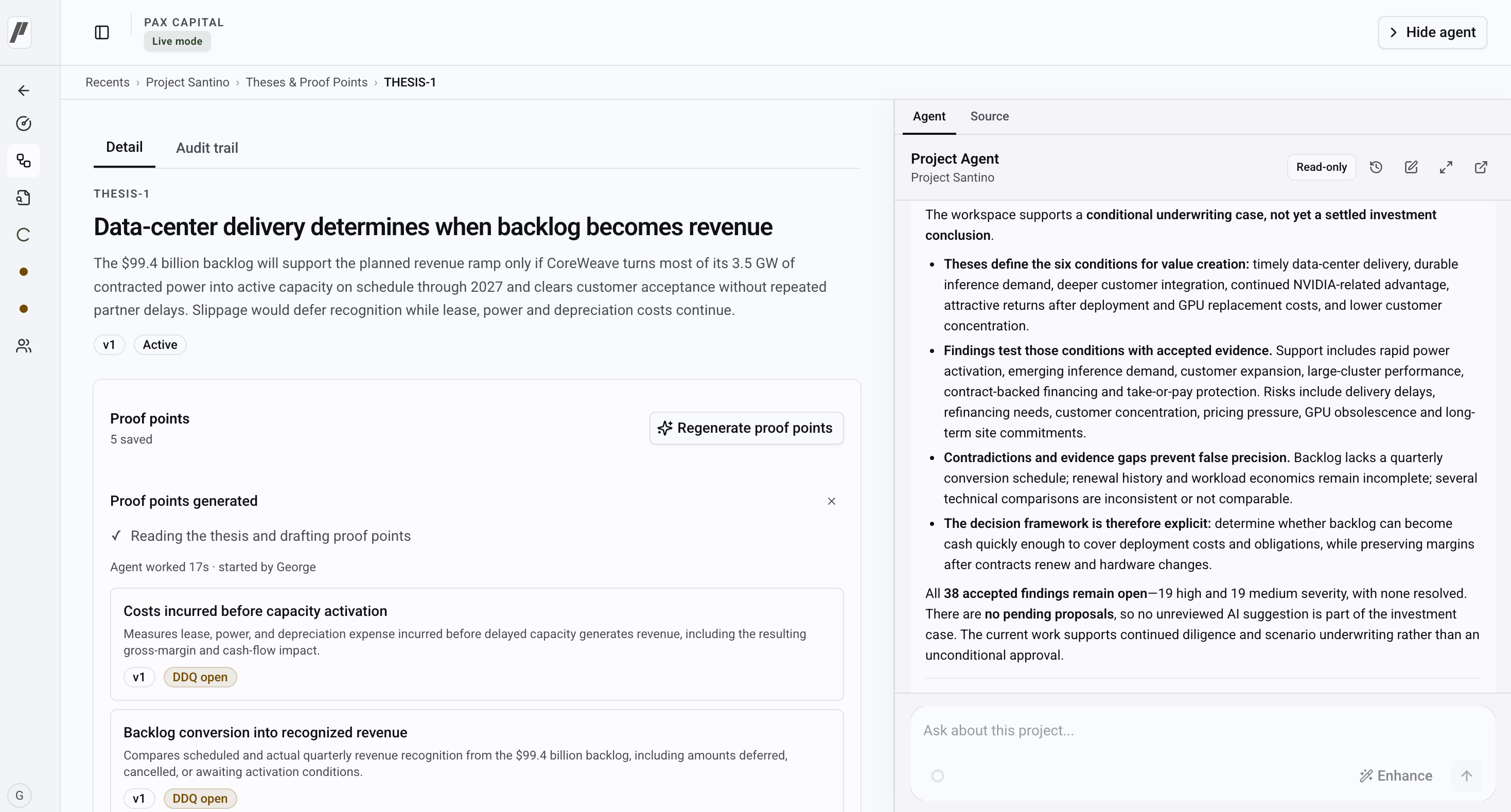 Parallax thesis detail showing the transaction thesis, proof points and wider deal framework