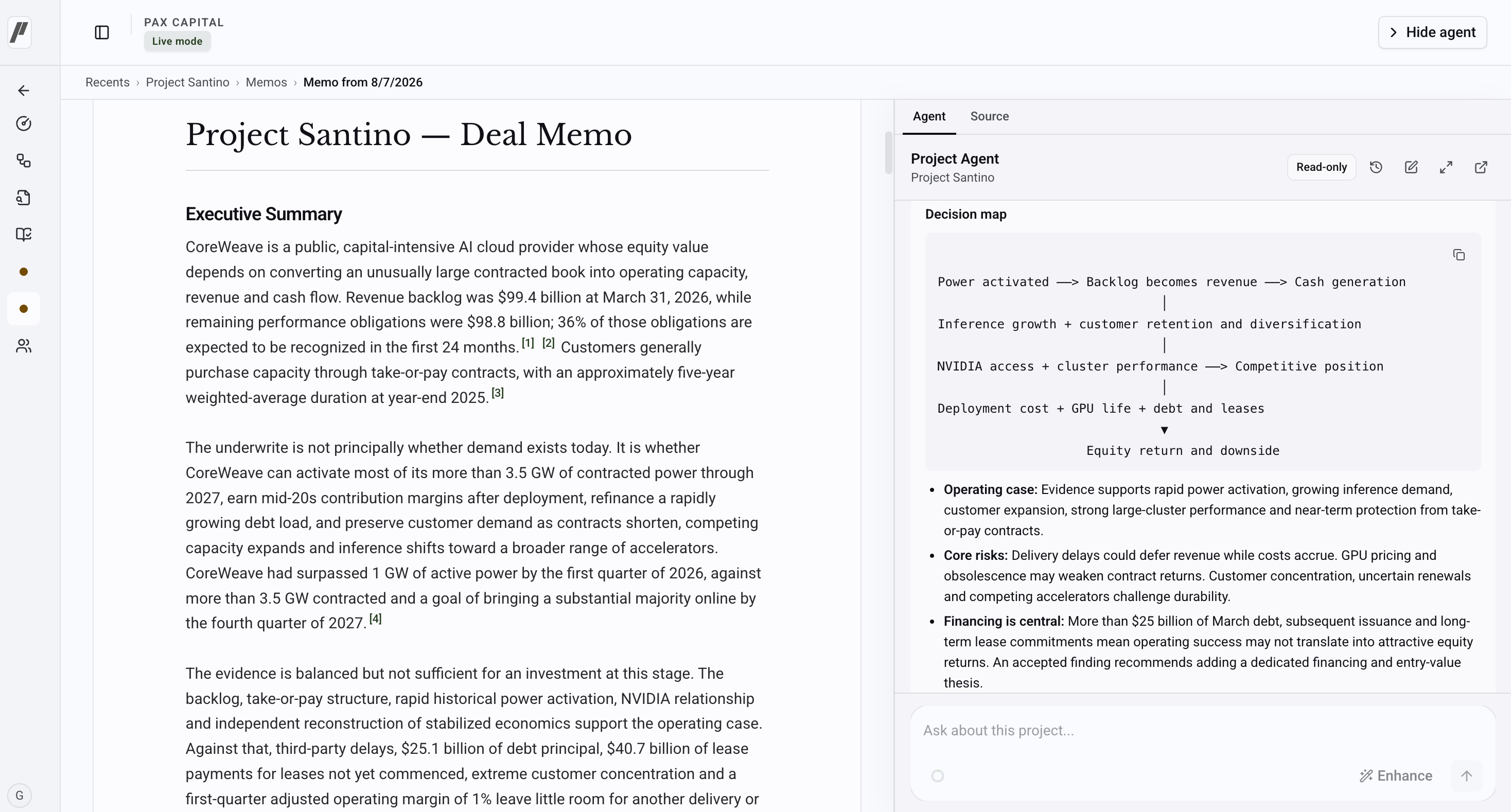 A source-backed Parallax deal memo beside the Deal Agent and transaction decision map