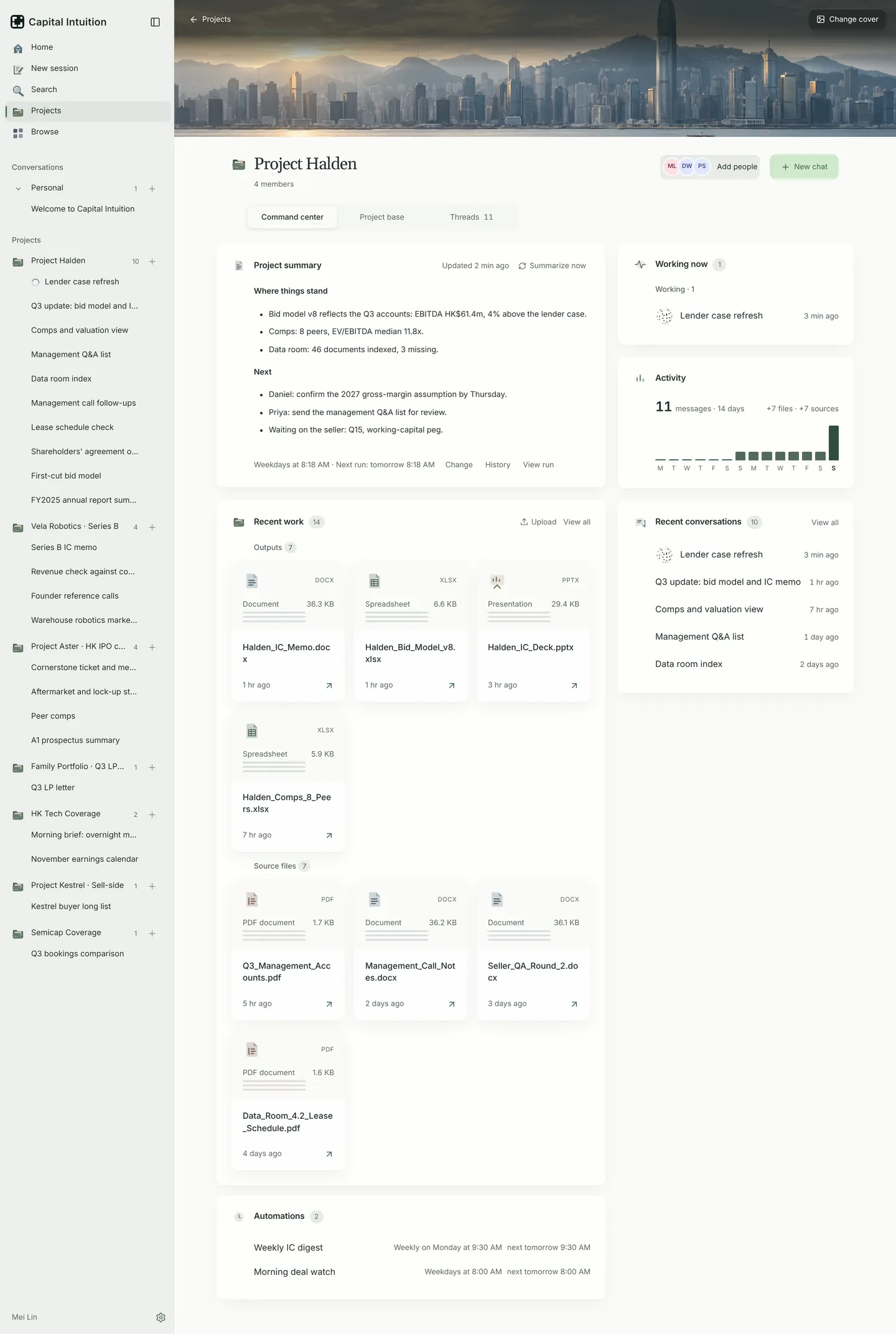 Project Halden's command center, with the project summary and its apps