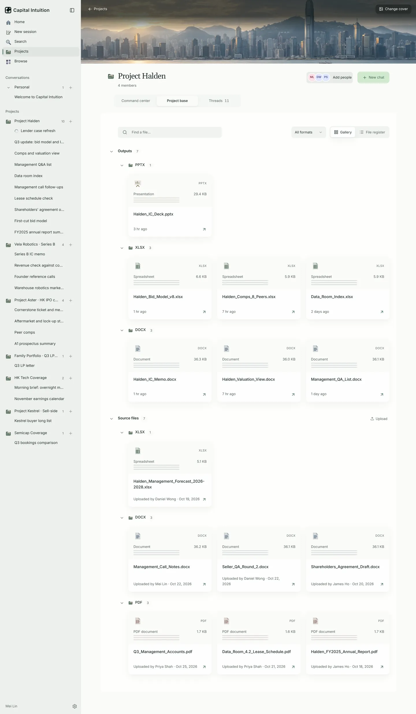 Project Halden's outputs: the IC deck, bid model, comps and IC memo, saved in the project